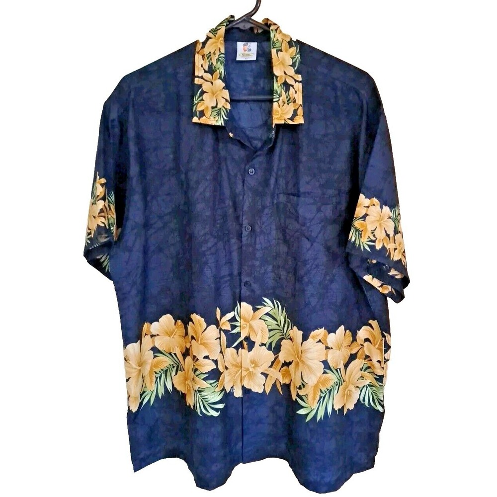 Rima Shirt Men's Size XL Yellow Black Tropical Button Front Aloha‎ Cruise Wear